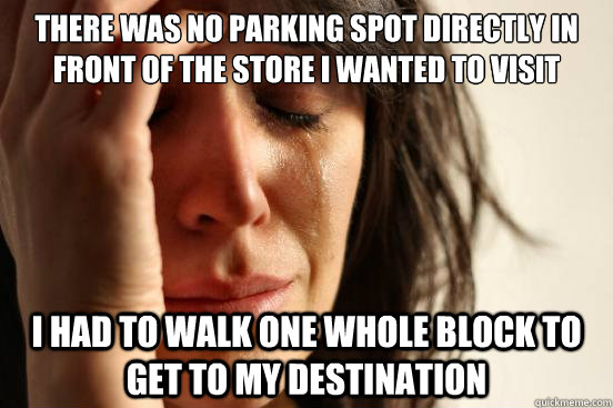 There was no parking spot directly in front of the store I wanted to visit I had to walk one whole block to get to my destination  First World Problems