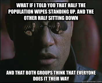 What if I told you That half the population wipes standing up, and the other half sitting down And that both groups think that everyone does it their way  Morpheus SC