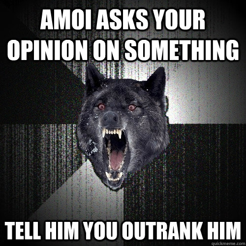 amoi asks your opinion on something tell him you outrank him  Insanity Wolf