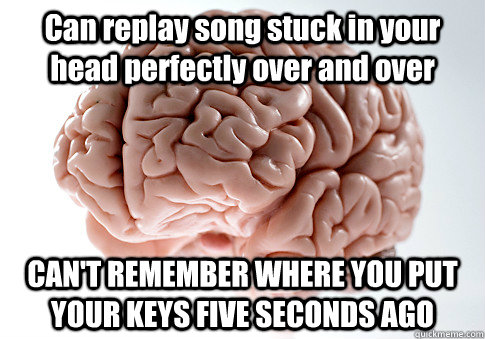 Can replay song stuck in your head perfectly over and over CAN'T REMEMBER WHERE YOU PUT YOUR KEYS FIVE SECONDS AGO - Can replay song stuck in your head perfectly over and over CAN'T REMEMBER WHERE YOU PUT YOUR KEYS FIVE SECONDS AGO  Scumbag Brain
