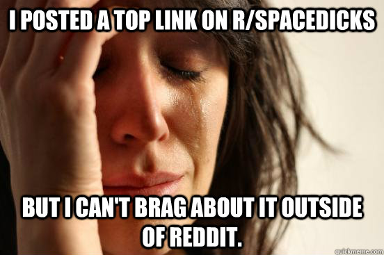 i posted a top link on r/spacedicks but i can't brag about it outside of reddit.   First World Problems