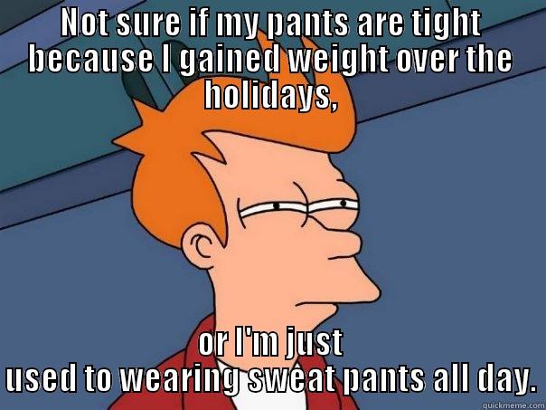 NOT SURE IF MY PANTS ARE TIGHT BECAUSE I GAINED WEIGHT OVER THE HOLIDAYS, OR I'M JUST USED TO WEARING SWEAT PANTS ALL DAY. Futurama Fry