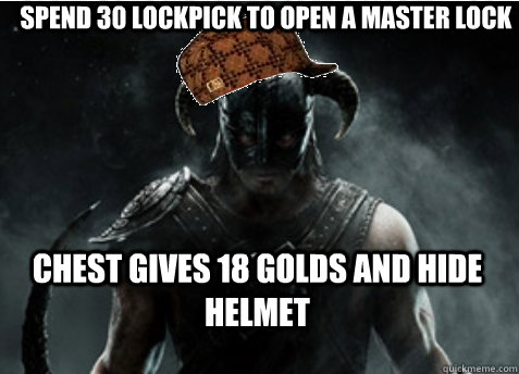 Spend 30 lockpick to open a master lock Chest gives 18 golds and hide helmet  