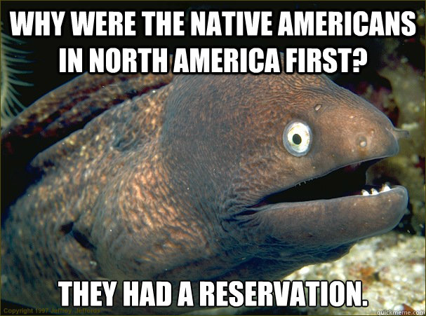 Why were the Native Americans in North America first? They had a reservation.  Bad Joke Eel