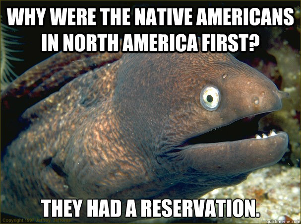 Why were the Native Americans in North America first? They had a reservation.  Bad Joke Eel