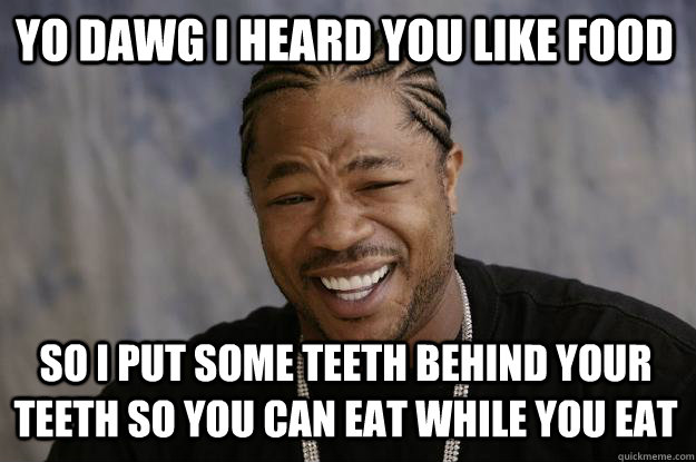 YO DAWG I heard you like food so I put some teeth behind your teeth so you can eat while you eat  Xzibit meme
