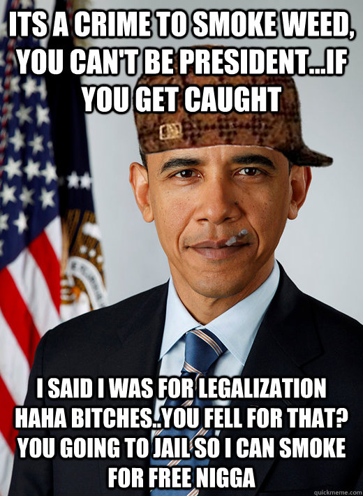 its a crime to smoke weed, you can't be president...if you get caught i said i was for legalization haha bitches..you fell for that? you going to jail so i can smoke for free nigga  