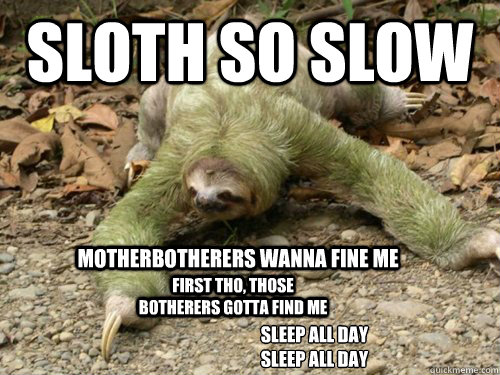 Sloth so slow motherbotherers wanna fine me First tho, those botherers gotta find me Sleep all day
Sleep all day  