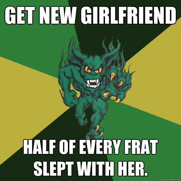 get new girlfriend half of every frat slept with her.  Green Terror
