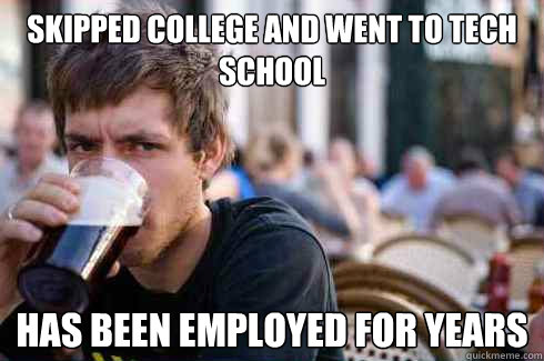 Skipped College and went to tech school Has been employed for years  Lazy College Senior