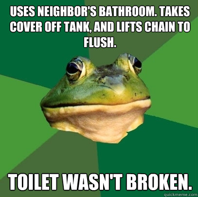 uses neighbor's bathroom. takes cover off tank, and lifts chain to flush. toilet wasn't broken.  Foul Bachelor Frog