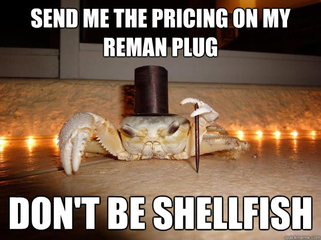 send me the pricing on my reman plug don't be shellfish  Fancy Crab
