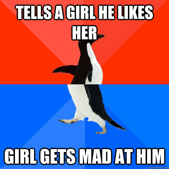 Tells a girl he likes her girl gets mad at him  Socially Awesome Awkward Penguin