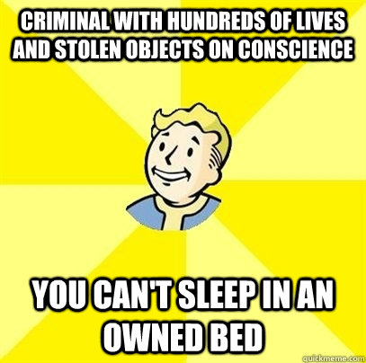 Criminal with hundreds of lives and stolen objects on conscience  You can't sleep in an owned bed  Fallout 3