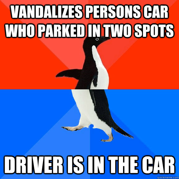 Vandalizes persons car who parked in two spots Driver is in the car  Socially Awesome Awkward Penguin