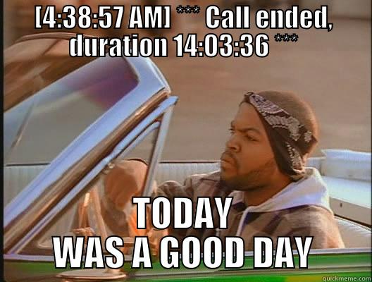 [4:38:57 AM] *** CALL ENDED, DURATION 14:03:36 *** TODAY WAS A GOOD DAY today was a good day