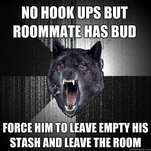 NO hook ups but roommate has bud Force him to leave empty his stash and leave the room  Insanity Wolf