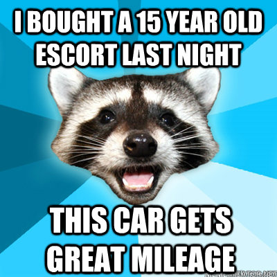 I bought a 15 year old escort last night this car gets great mileage   Lame Pun Raccoon
