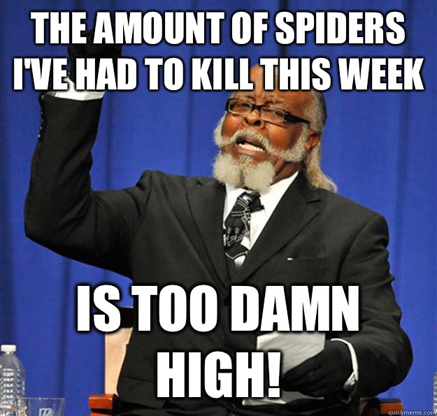 The amount of spiders I've had to kill this week Is too damn high!  Jimmy McMillan