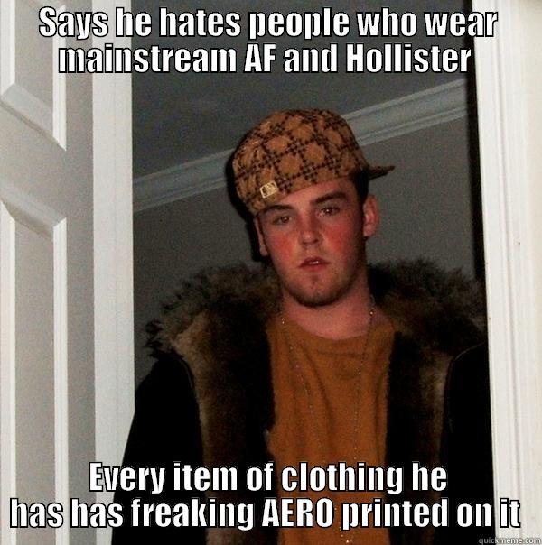 SAYS HE HATES PEOPLE WHO WEAR MAINSTREAM AF AND HOLLISTER  EVERY ITEM OF CLOTHING HE HAS HAS FREAKING AERO PRINTED ON IT  Scumbag Steve