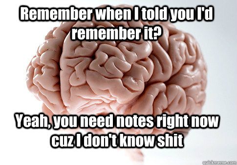 Remember when I told you I'd remember it? Yeah, you need notes right now cuz I don't know shit  - Remember when I told you I'd remember it? Yeah, you need notes right now cuz I don't know shit   Scumbag Brain