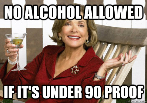 no alcohol allowed if it's under 90 proof  Pleasantly Surprised Alcoholic