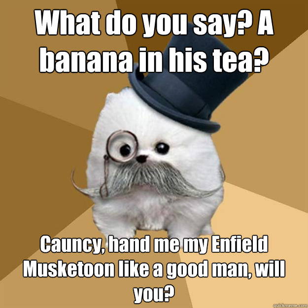 What do you say? A banana in his tea? Cauncy, hand me my Enfield Musketoon like a good man, will you?  Philanthropist Pomeranian