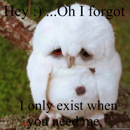 Hey :) ...Oh I forgot   I only exist when you need me. - Hey :) ...Oh I forgot   I only exist when you need me.  Emo Owl