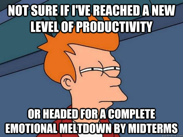 Not sure if I've reached a new level of productivity Or headed for a complete emotional meltdown by midterms - Not sure if I've reached a new level of productivity Or headed for a complete emotional meltdown by midterms  Not sure Fry