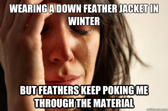 Wearing a down feather jacket in winter but feathers keep poking me through the material - Wearing a down feather jacket in winter but feathers keep poking me through the material  First World Problems