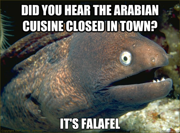 Did you hear the Arabian cuisine closed in town? It's falafel - Did you hear the Arabian cuisine closed in town? It's falafel  Bad Joke Eel