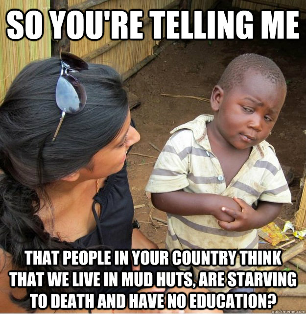 So you're telling me That people in your country think that we live in mud huts, are starving to death and have no education?  Skeptical Third World Kid