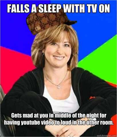 FALLS A SLEEP WITH TV ON Gets mad at you in middle of the night for having youtube video to loud in the other room.  Scumbag mom