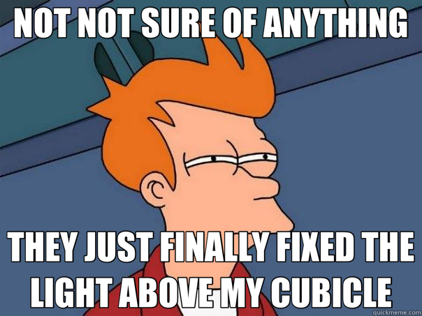 NOT NOT SURE OF ANYTHING THEY JUST FINALLY FIXED THE LIGHT ABOVE MY CUBICLE  Futurama Fry