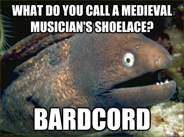 What do you call a medieval musician's shoelace? Bardcord  Bad Joke Eel