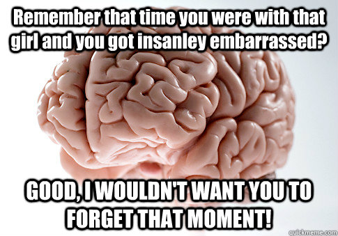 Remember that time you were with that girl and you got insanley embarrassed? GOOD, I WOULDN'T WANT YOU TO FORGET THAT MOMENT!   Scumbag Brain