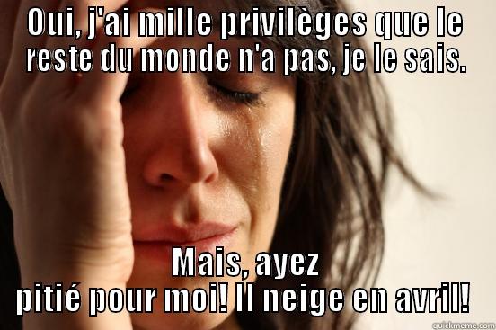 OUI, J'AI MILLE PRIVILÈGES QUE LE RESTE DU MONDE N'A PAS, JE LE SAIS. MAIS, AYEZ PITIÉ POUR MOI! IL NEIGE EN AVRIL!  First World Problems