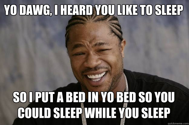 Yo dawg, I heard you like to sleep So I put a bed in yo bed so you could sleep while you sleep - Yo dawg, I heard you like to sleep So I put a bed in yo bed so you could sleep while you sleep  Xzibit meme