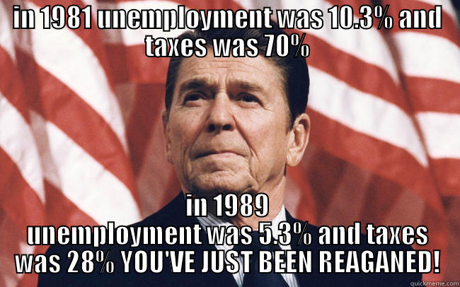 reagan common sense - IN 1981 UNEMPLOYMENT WAS 10.3% AND TAXES WAS 70% IN 1989 UNEMPLOYMENT WAS 5.3% AND TAXES WAS 28% YOU'VE JUST BEEN REAGANED! Misc