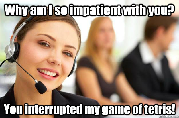 Why am I so impatient with you? You interrupted my game of tetris!  Call Center Agent