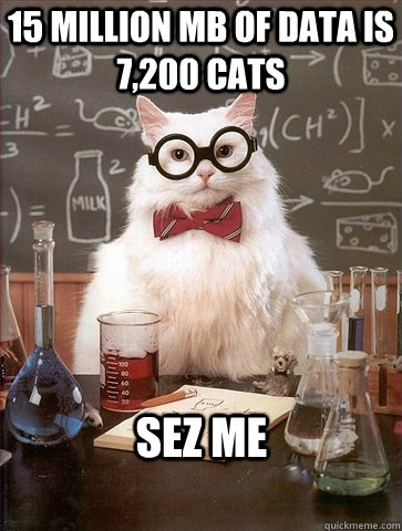 15 million MB of data is 7,200 cats sez me  Chemistry Cat