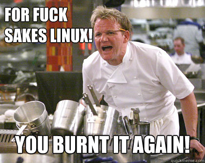 For fuck 
sakes Linux! you burnt it again!  Ramsay Gordon Yelling