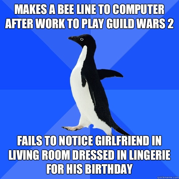 Makes a bee line to computer after work to play guild wars 2 Fails to notice girlfriend in living room dressed in lingerie for his birthday - Makes a bee line to computer after work to play guild wars 2 Fails to notice girlfriend in living room dressed in lingerie for his birthday  Socially Awkward Penguin