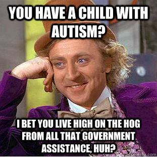 You have a child with autism? I bet you live high on the hog from all that government assistance, huh?  Condescending Wonka