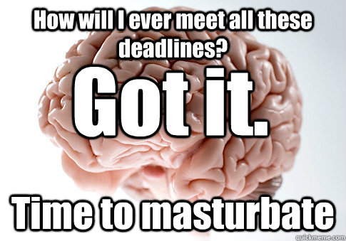 How will I ever meet all these deadlines? Time to masturbate Got it.  Scumbag Brain
