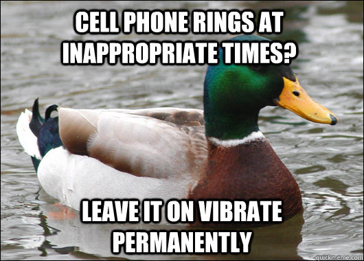 cell phone rings at inappropriate times? leave it on vibrate  permanently  Actual Advice Mallard