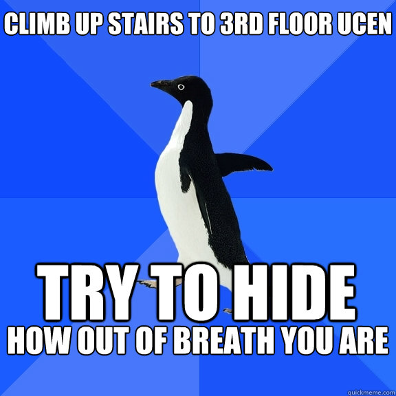 Climb up stairs to 3rd floor ucen try to hide how out of breath you are   Socially Awkward Penguin