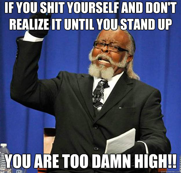 IF YOU SHIT YOURSELF AND DON'T REALIZE IT UNTIL YOU STAND UP YOU ARE TOO DAMN HIGH!!  Jimmy McMillan