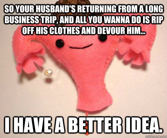 So your husband's returning from a long business trip, and all you wanna do is rip off his clothes and devour him... I have a better idea. - So your husband's returning from a long business trip, and all you wanna do is rip off his clothes and devour him... I have a better idea.  Scumbag Uterus