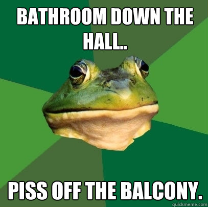 bathroom down the hall..  Piss off the balcony.   Foul Bachelor Frog